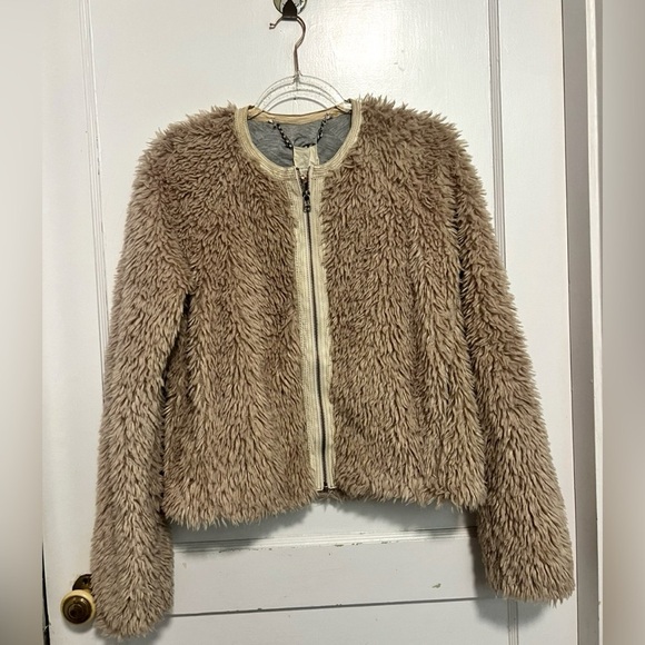 REBECCA TAYLOR FAUX FUR BOMBER JACKET BEIGE SIZE L $440 TRENDING - Picture 1 of 6